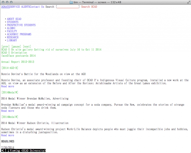 (Screen dump of OCAD’s web site as viewed in w3m)